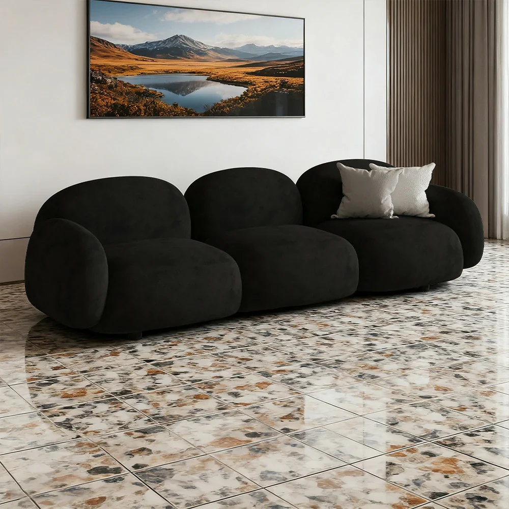LIVARA 85/145/205cm Sofa Lamb Fleece Upholstered, Ergonomic Curved Design, High-Density Sponge, Soft Touch, Durable Comfort - Black - Image 14