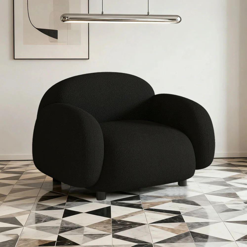 LIVARA 85/145/205cm Sofa Lamb Fleece Upholstered, Ergonomic Curved Design, High-Density Sponge, Soft Touch, Durable Comfort - Black - Image 4