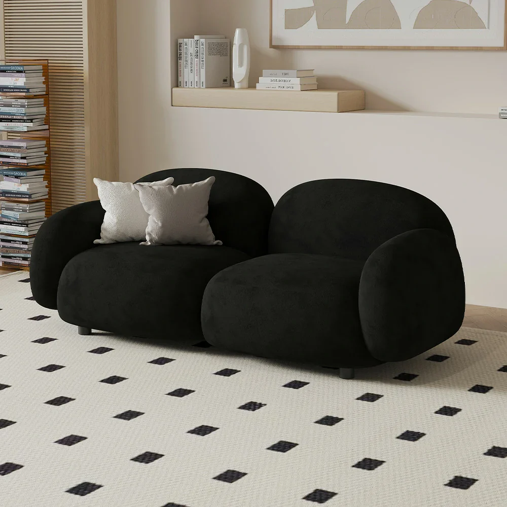 LIVARA 85/145/205cm Sofa Lamb Fleece Upholstered, Ergonomic Curved Design, High-Density Sponge, Soft Touch, Durable Comfort - Black - Image 7