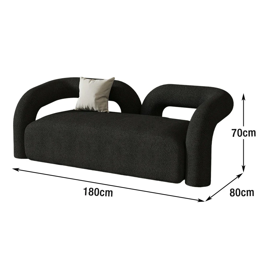 LIVARA 83/180cm Sofa Sherpa Fleece Upholstered, Ergonomic Curved Design, High-Density Sponge, Soft Touch, Durable Comfort - Black - Image 10