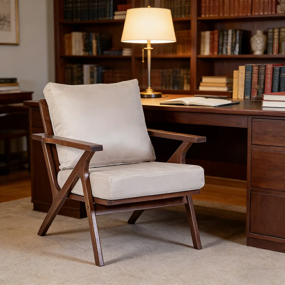 LIVARA Suede Accent Armchair - Solid Wood Frame with High-Density Foam Cushion, Ergonomic Design, Winter & Summer Use - Walnut & Beige - Image 2