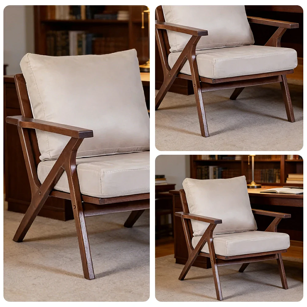 LIVARA Suede Accent Armchair - Solid Wood Frame with High-Density Foam Cushion, Ergonomic Design, Winter & Summer Use - Walnut & Beige - Image 3