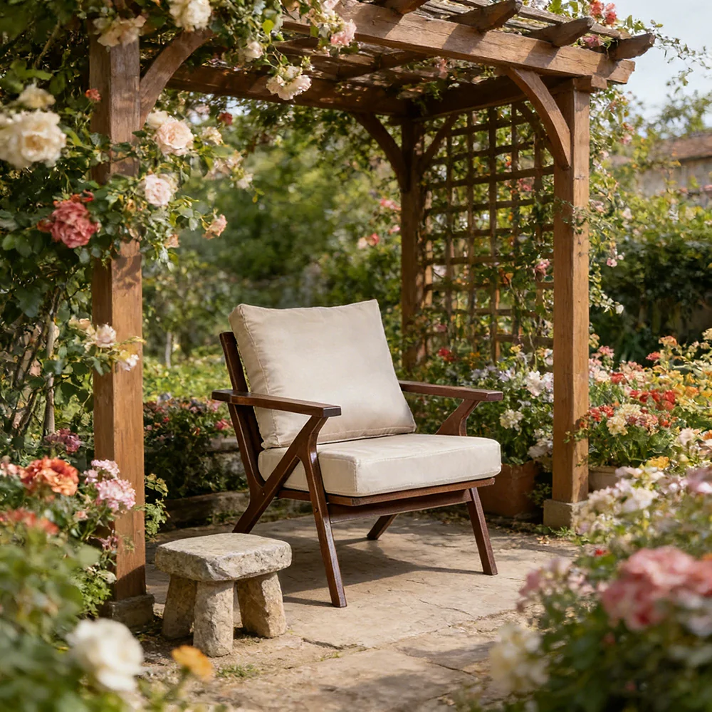 LIVARA Suede Accent Armchair - Solid Wood Frame with High-Density Foam Cushion, Ergonomic Design, Winter & Summer Use - Walnut & Beige - Image 4