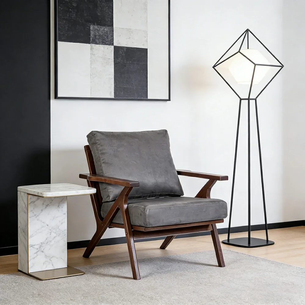 LIVARA Suede Accent Armchair - Solid Wood Frame with High-Density Foam Cushion, Ergonomic Design, Winter & Summer Use - Grey - Image 2