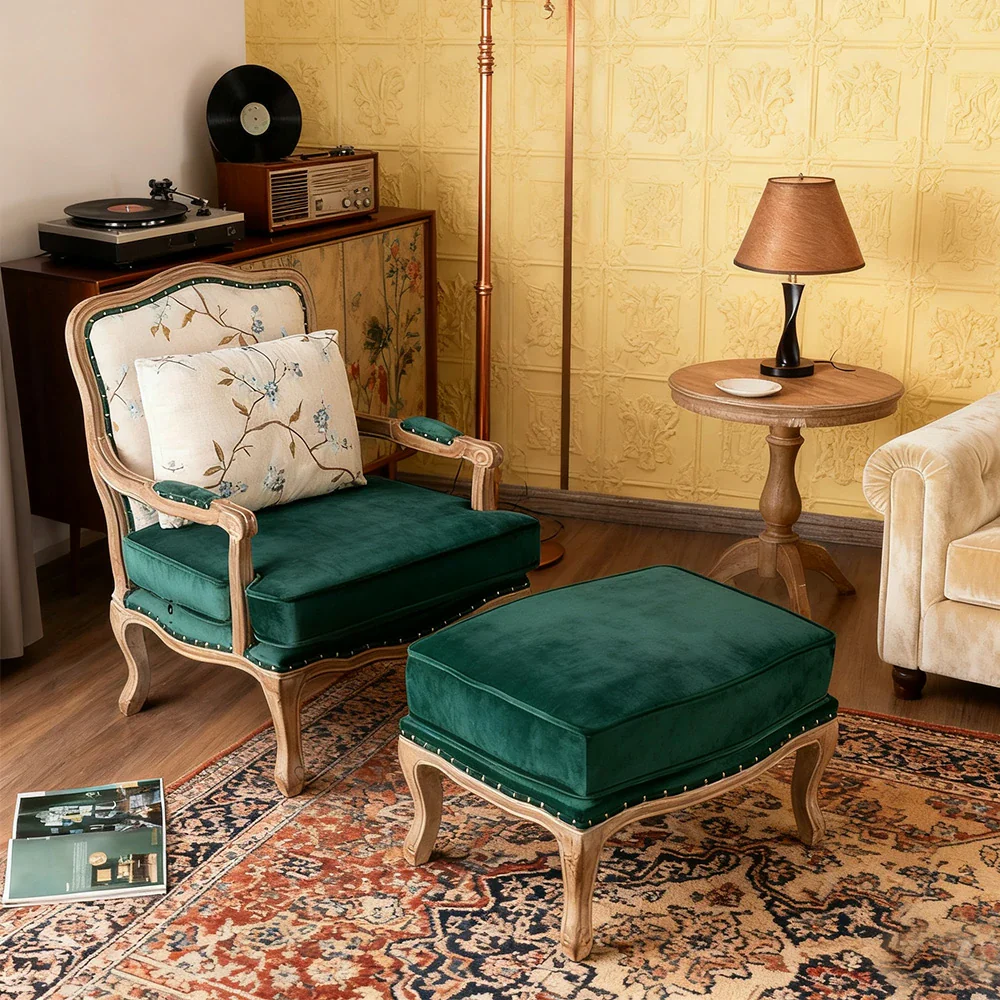 LIVARA Green Orchid Embroidered Linen Armchair with Matching Ottoman - Soft Linen Upholstery, High-Resilience Cushion, Solid Wood Frame - Green - Image 9
