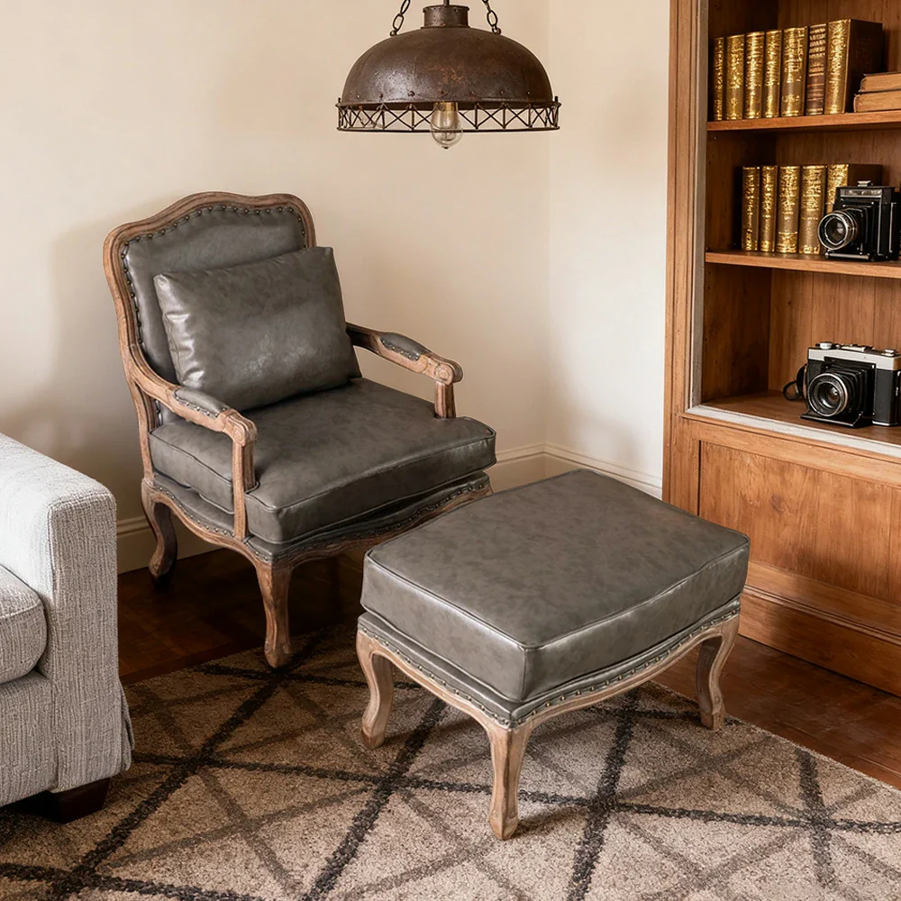 LIVARA Green Orchid Embroidered Linen Armchair with Matching Ottoman - Soft Linen Upholstery, High-Resilience Cushion, Solid Wood Frame - Coffee - Image 9