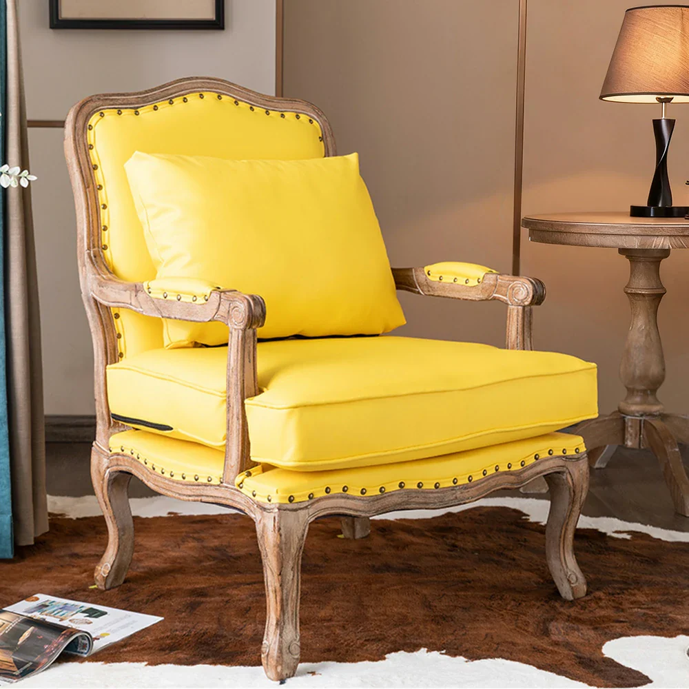 LIVARA Green Orchid Embroidered Linen Armchair with Matching Ottoman - Soft Linen Upholstery, High-Resilience Cushion, Solid Wood Frame - Yellow - Image 2