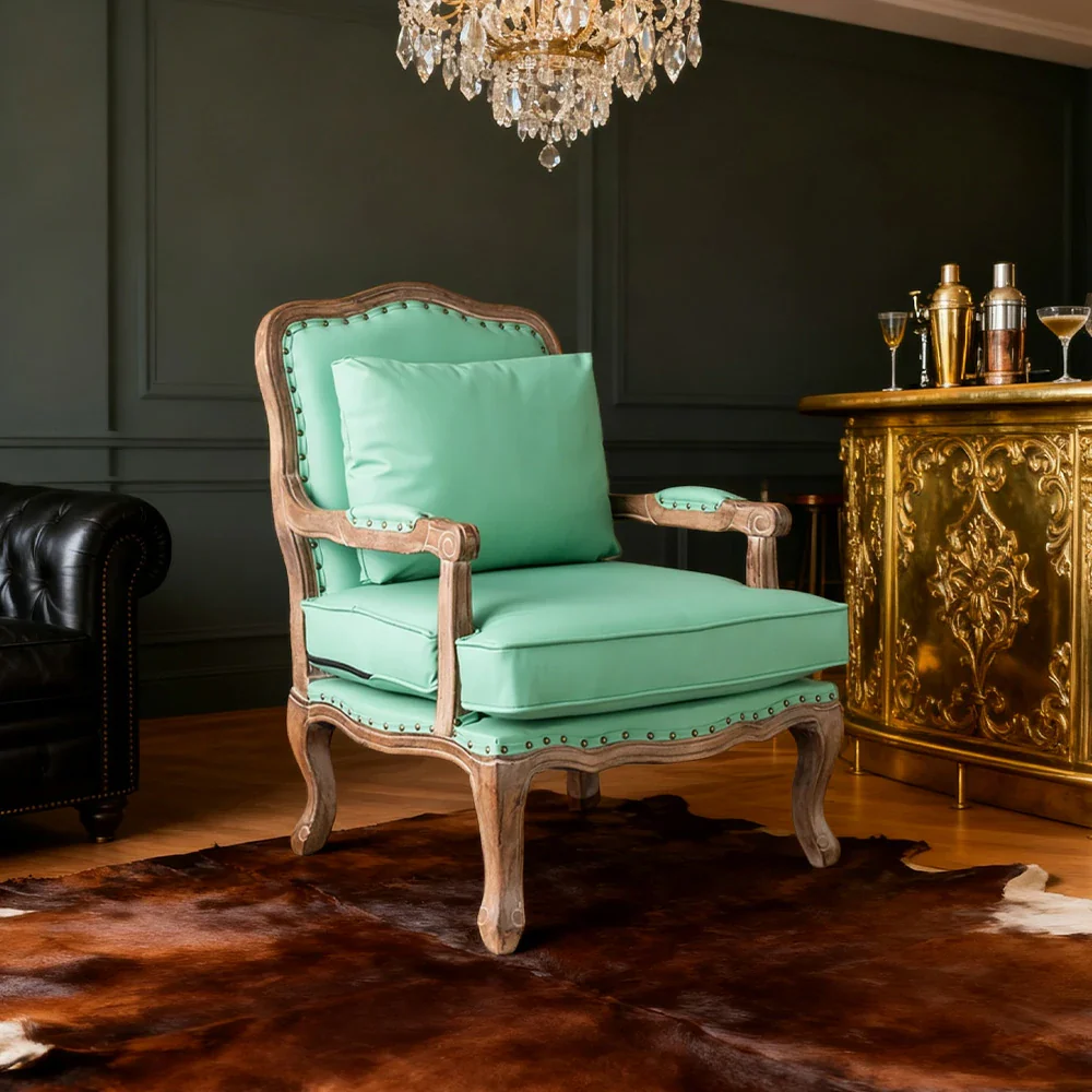 LIVARA Green Orchid Embroidered Linen Armchair with Matching Ottoman - Soft Linen Upholstery, High-Resilience Cushion, Solid Wood Frame - Green - Image 4