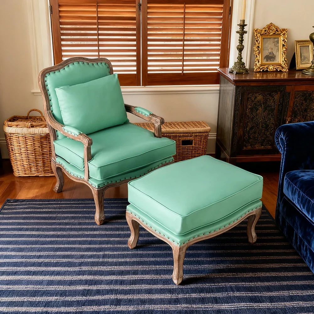 LIVARA Green Orchid Embroidered Linen Armchair with Matching Ottoman - Soft Linen Upholstery, High-Resilience Cushion, Solid Wood Frame - Green - Image 9