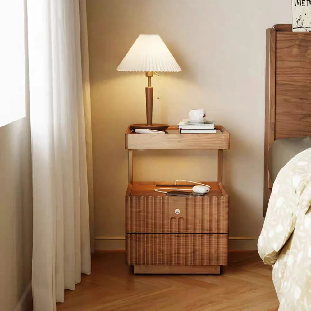 LIVARA Wooden Bedside Table - Lockable Drawer with Motion Sensor LED Light, 40cm Storage Nightstand for Bedroom - Natural Wood - Image 2