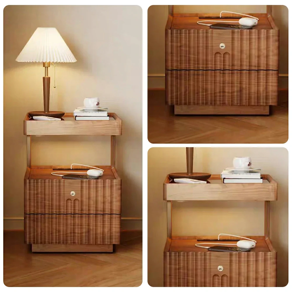 LIVARA Wooden Bedside Table - Lockable Drawer with Motion Sensor LED Light, 40cm Storage Nightstand for Bedroom - Natural Wood - Image 3