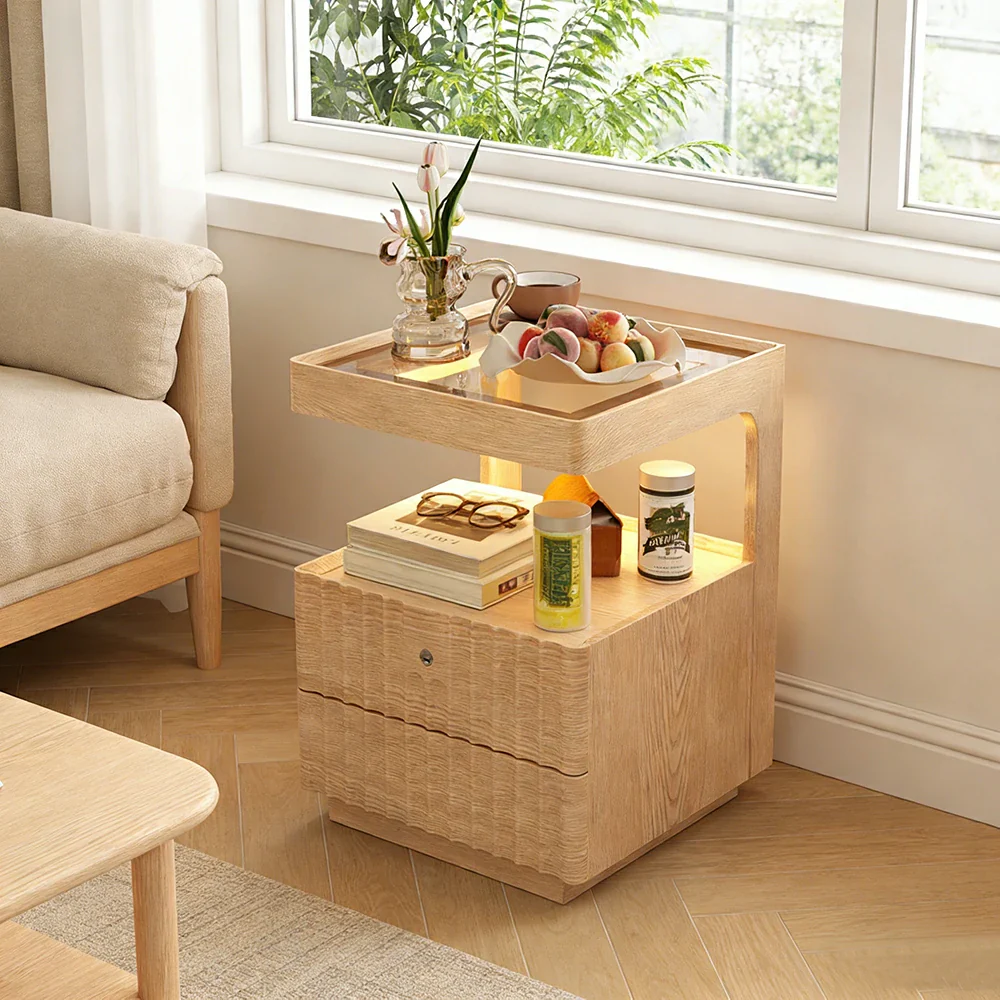 LIVARA Wooden Bedside Table - Lockable Drawer with Motion Sensor LED Light, 40cm Storage Nightstand for Bedroom - Natural Wood - Image 2