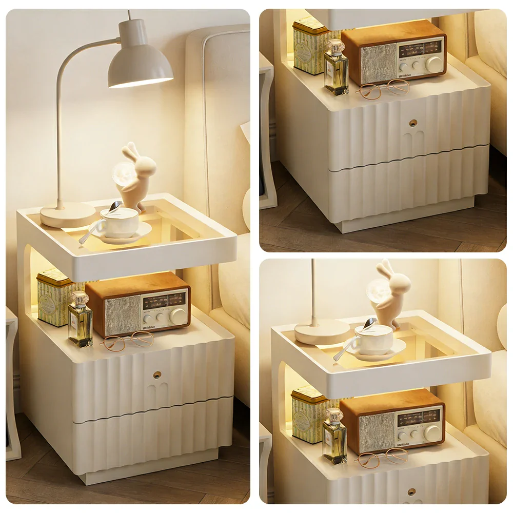 LIVARA Wooden Bedside Table - Lockable Drawer with Motion Sensor LED Light, 40cm Storage Nightstand for Bedroom - White - Image 3