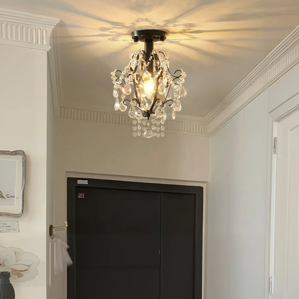 LIVARA Crystal Ceiling Light, E14 LED Flush Mount Lamp with Iron Frame & Hanging Crystal Pendants for Hallway Living Room Bedroom - Black - Image 4