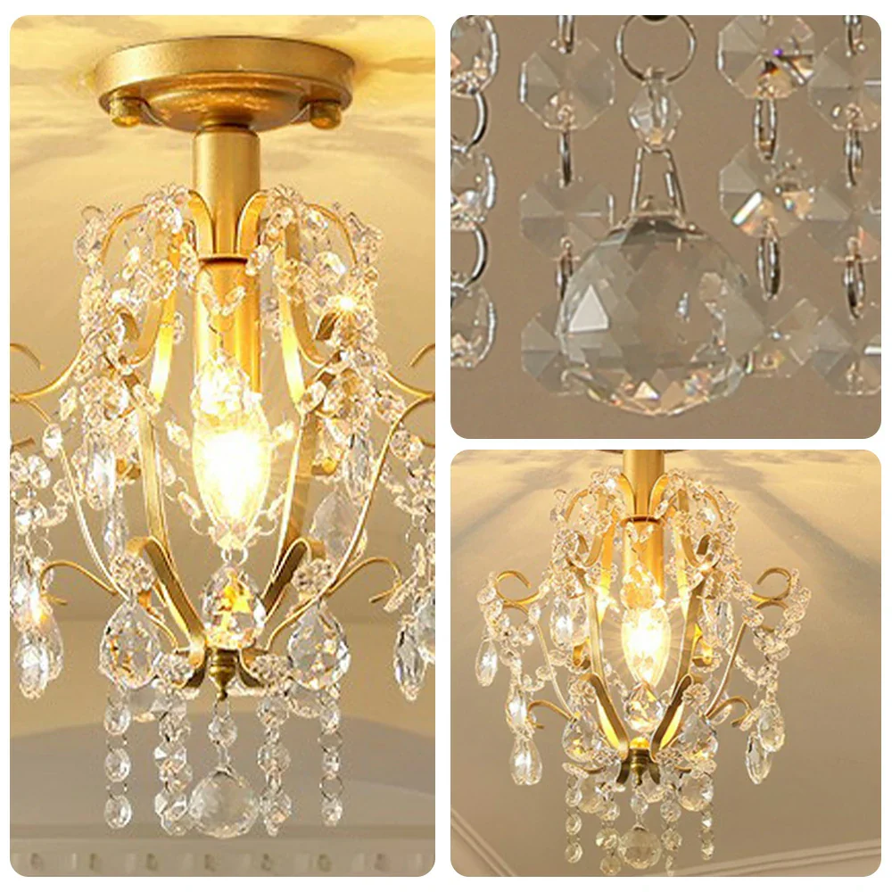 LIVARA Crystal Ceiling Light, E14 LED Flush Mount Lamp with Iron Frame & Hanging Crystal Pendants for Hallway Living Room Bedroom - Gold - Image 3