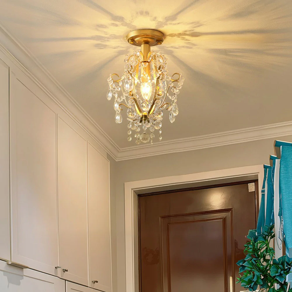 LIVARA Crystal Ceiling Light, E14 LED Flush Mount Lamp with Iron Frame & Hanging Crystal Pendants for Hallway Living Room Bedroom - Gold - Image 4