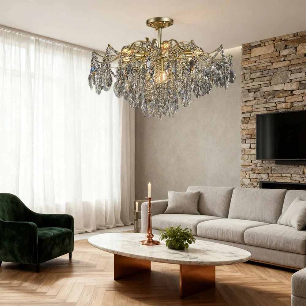 LIVARA Gold Crystal Chandelier 40/50/65cm Warm Light, E14 LED Pendant Light with Iron Frame & Sparkling Crystal Drops for Living Room Bedroom - Image 14
