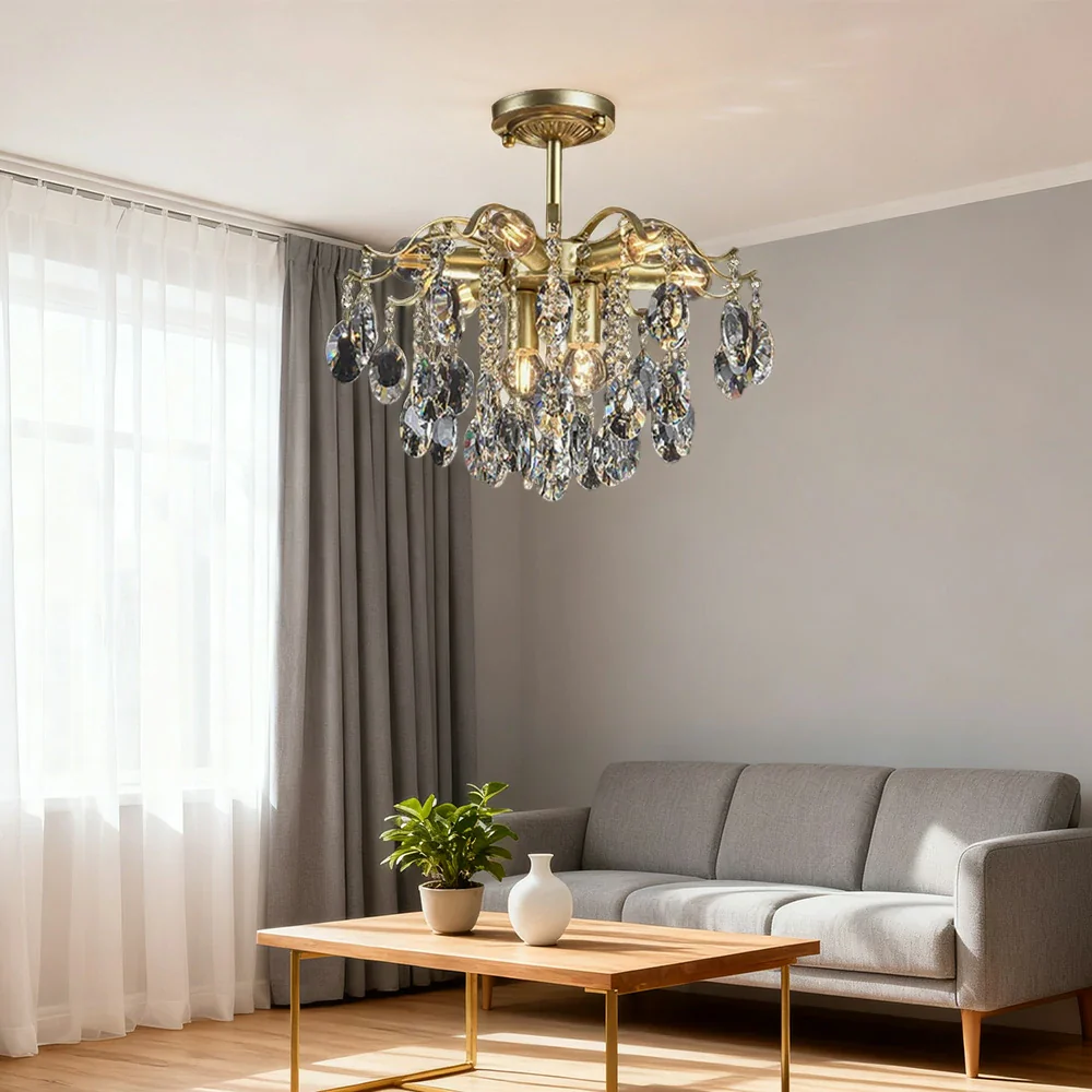 LIVARA Gold Crystal Chandelier 40/50/65cm Warm Light, E14 LED Pendant Light with Iron Frame & Sparkling Crystal Drops for Living Room Bedroom - Image 2