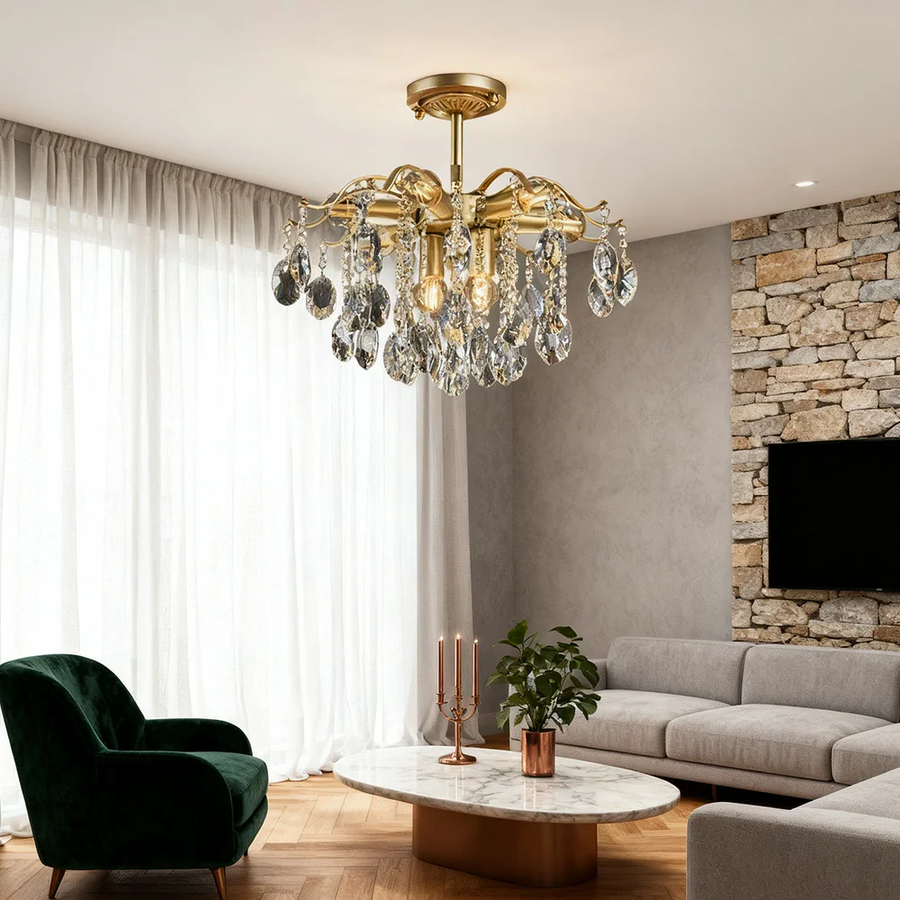 LIVARA Gold Crystal Chandelier 40/50/65cm Warm Light, E14 LED Pendant Light with Iron Frame & Sparkling Crystal Drops for Living Room Bedroom - Image 4