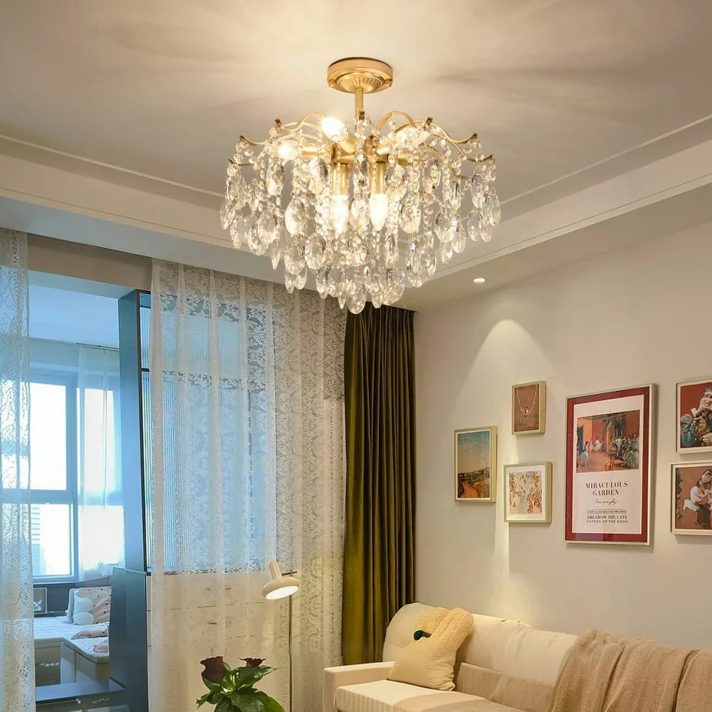 LIVARA Gold Crystal Chandelier 40/50/65cm Warm Light, E14 LED Pendant Light with Iron Frame & Sparkling Crystal Drops for Living Room Bedroom - Image 7