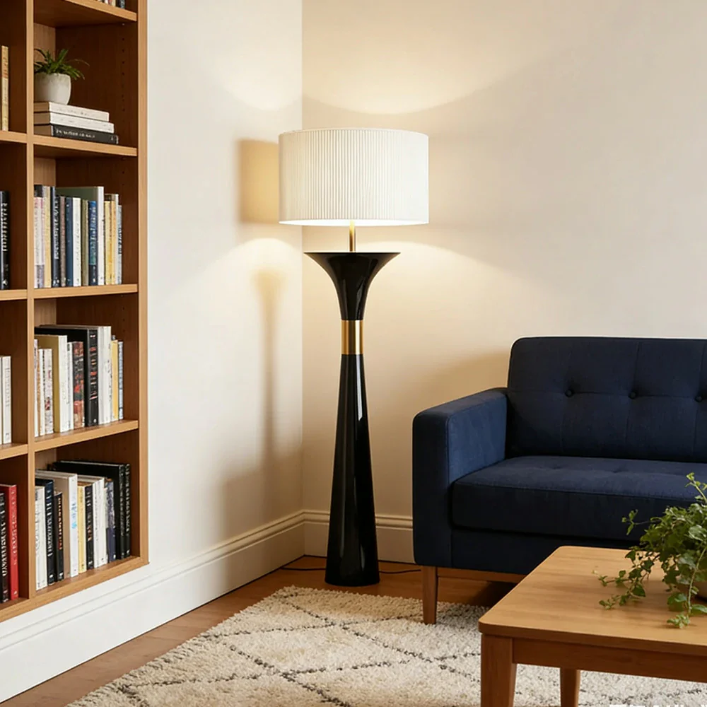 LIVARA Floor Lamp 3 Colour Lighting Fabric Shade Iron Base with Foot Switch Durable Metal Design - Black - Image 4