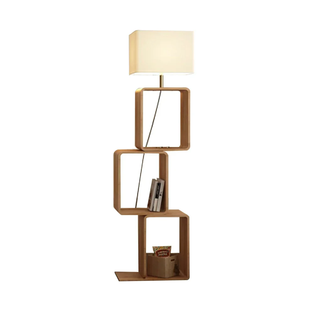 LIVARA Floor Lamp 3 Lighting Modes Fabric Shade Iron Base with Wood Top Foot Switch and Storage Shelf - Wood
