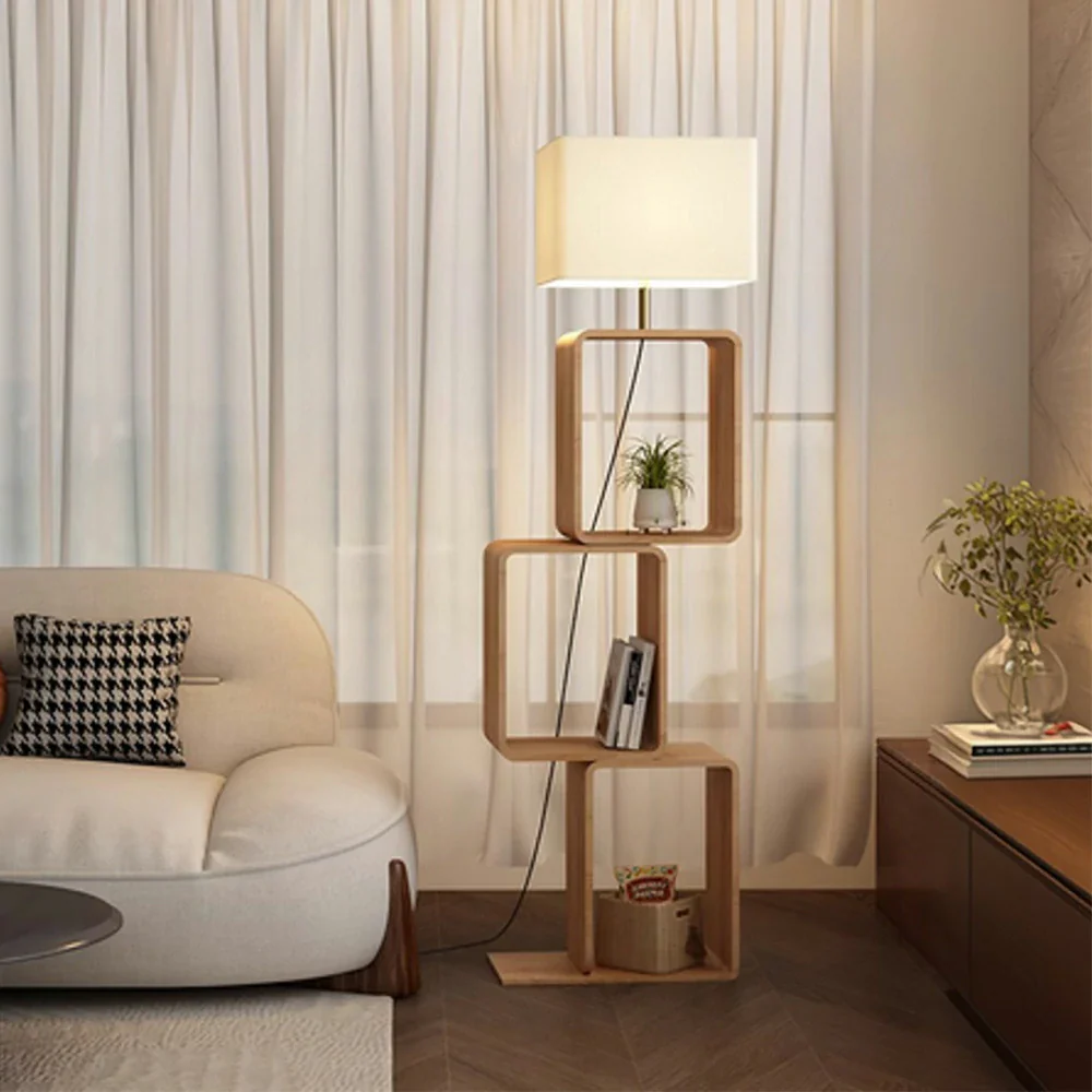 LIVARA Floor Lamp 3 Lighting Modes Fabric Shade Iron Base with Wood Top Foot Switch and Storage Shelf - Wood - Image 2