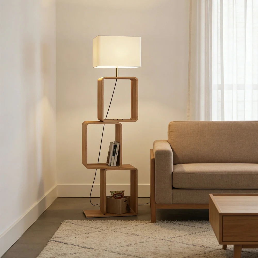 LIVARA Floor Lamp 3 Lighting Modes Fabric Shade Iron Base with Wood Top Foot Switch and Storage Shelf - Wood - Image 4