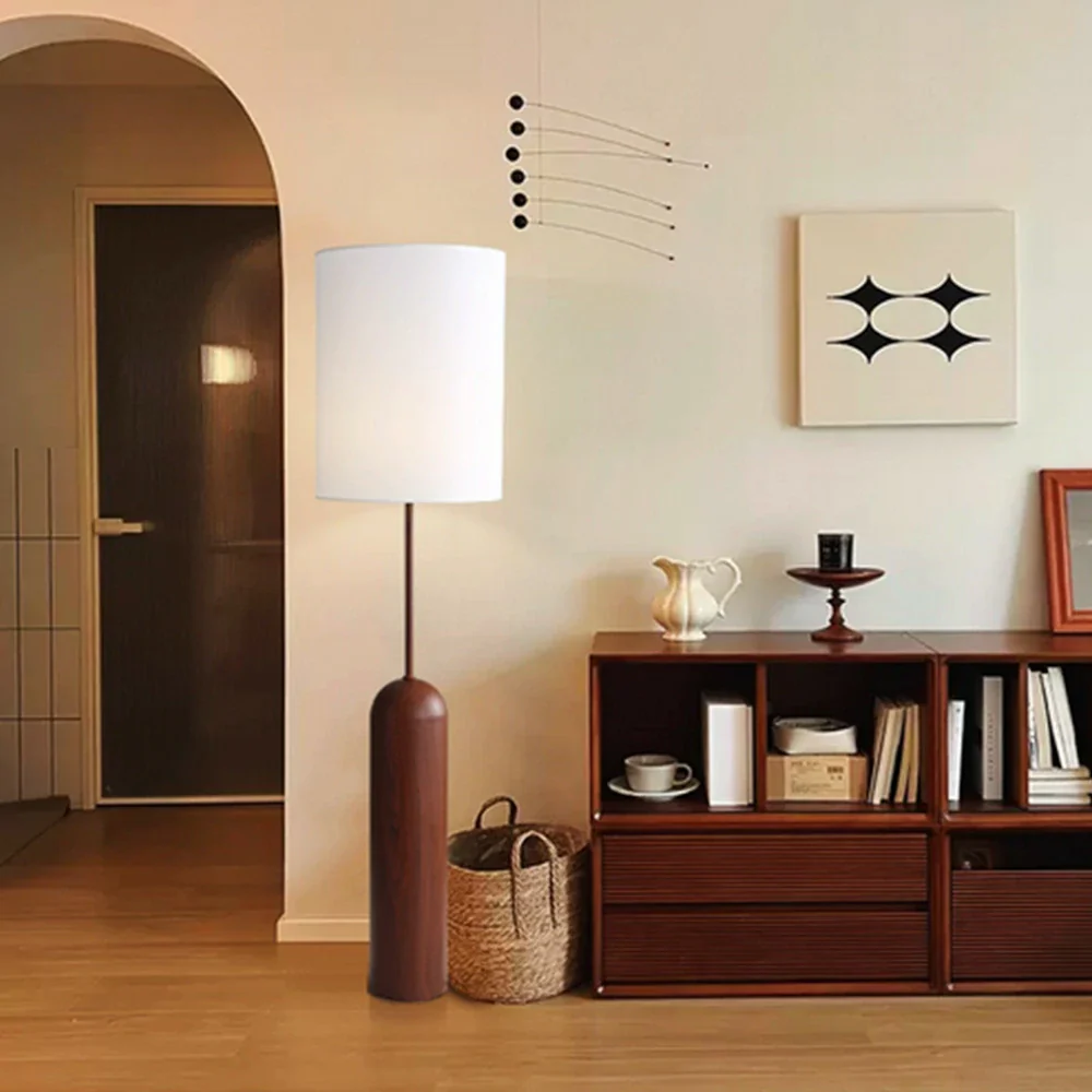 LIVARA Floor Lamp 3 Lighting Modes Linen Shade Water Transfer Texture Walnut Wood Base Foot Switch - Image 2