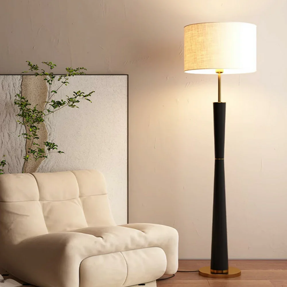 LIVARA Floor Lamp 3 Lighting Modes Fabric Shade Iron Base Foot Switch Water Transfer Wood Texture - Black - Image 2