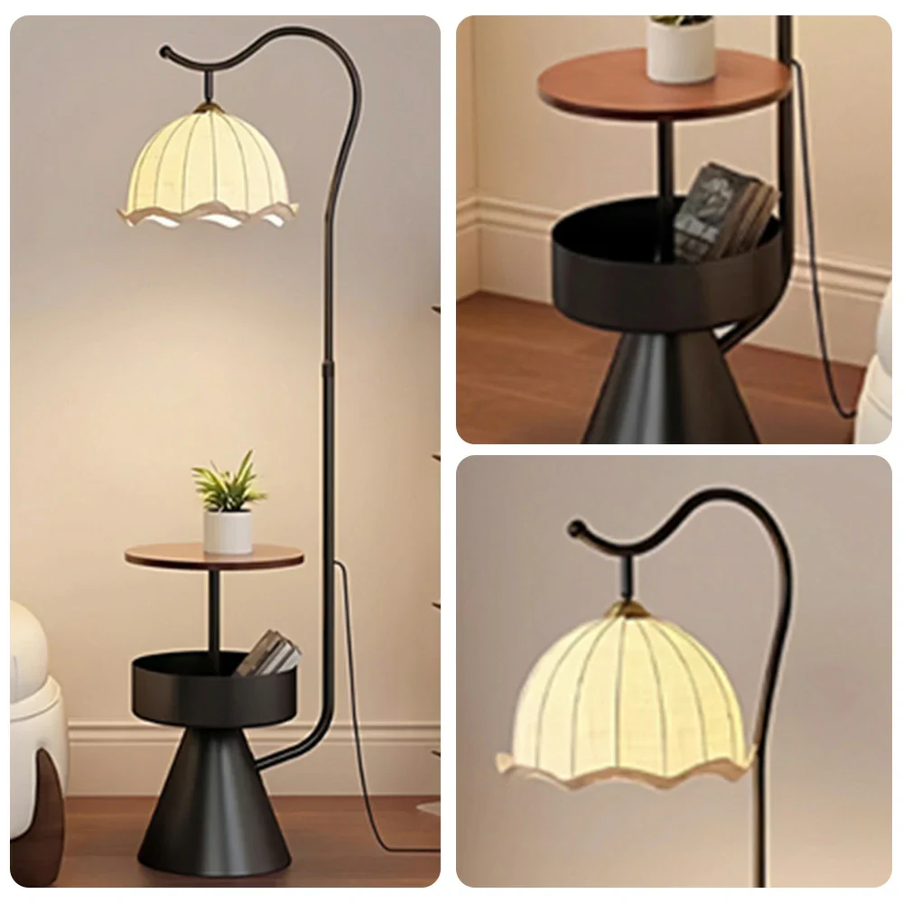 LIVARA Floor Lamp with Dual Storage Shelves Warm Ambient Light Iron & Walnut Frame Stable Design - Black - Image 3