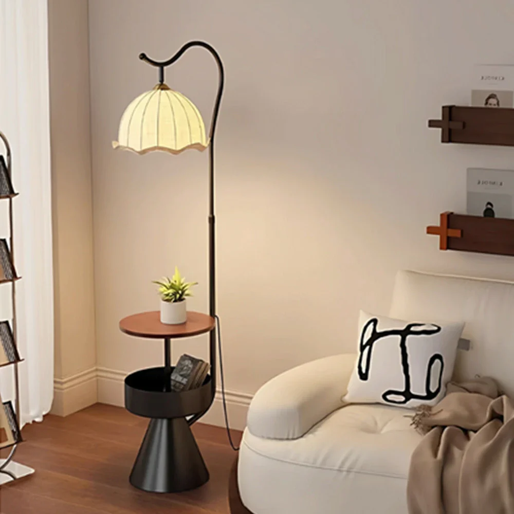 LIVARA Floor Lamp with Dual Storage Shelves Warm Ambient Light Iron & Walnut Frame Stable Design - Black - Image 4