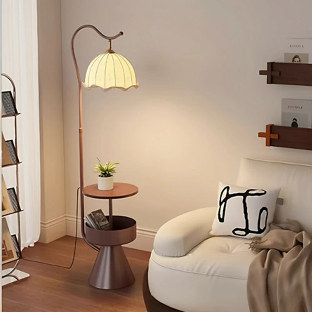 LIVARA Floor Lamp with Dual Storage Shelves Warm Ambient Light Iron & Walnut Frame Stable Design - Coffee - Image 2
