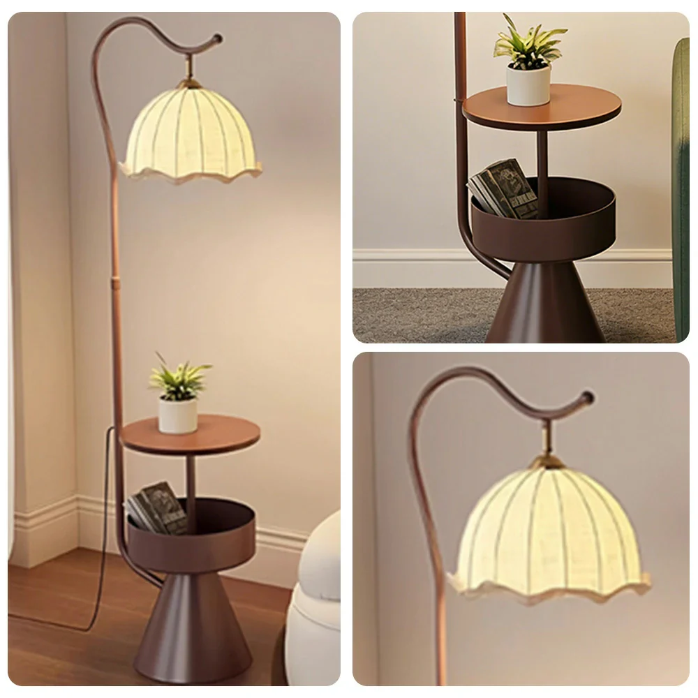 LIVARA Floor Lamp with Dual Storage Shelves Warm Ambient Light Iron & Walnut Frame Stable Design - Coffee - Image 3