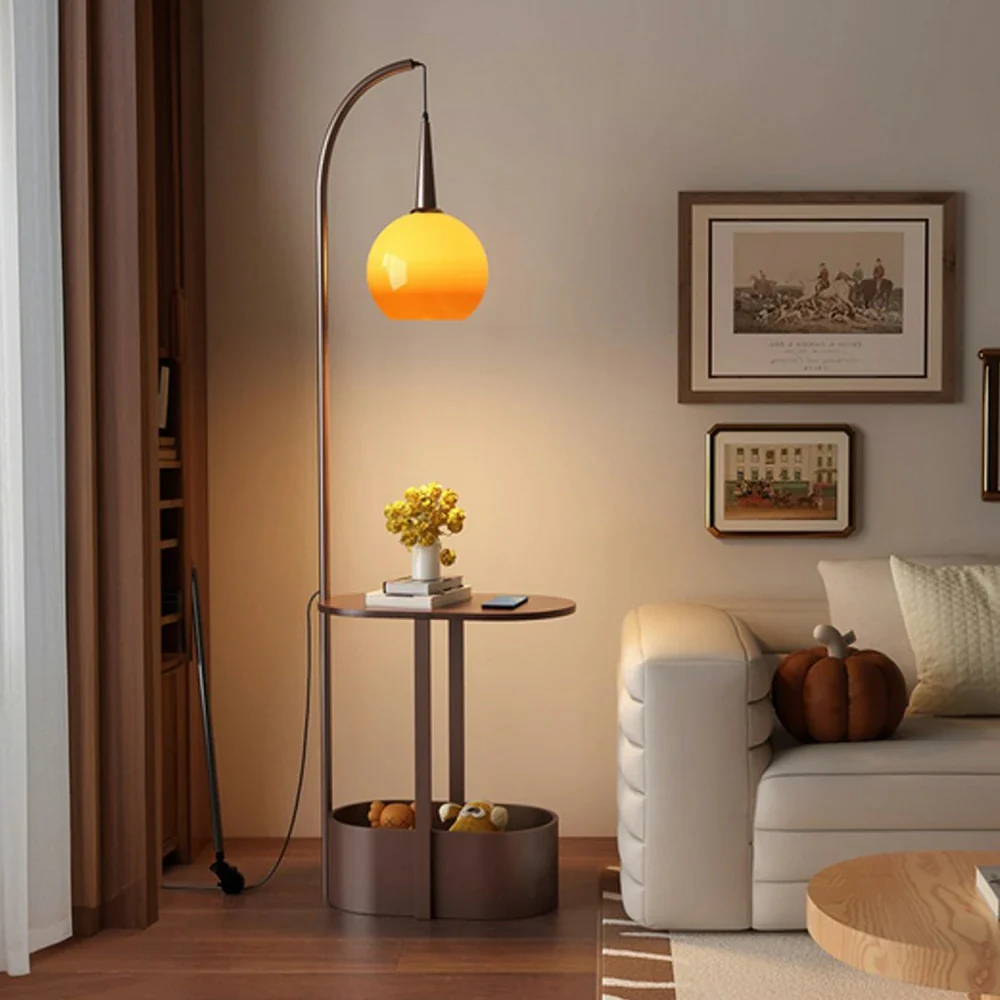 LIVARA Floor Lamp Wireless Charging Soft Lighting Solid Wood & Iron Frame Dual Storage Design - Coffee - Image 2