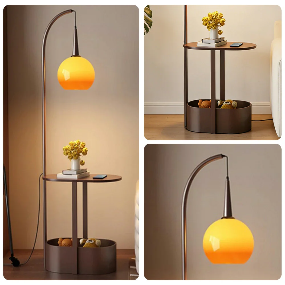 LIVARA Floor Lamp Wireless Charging Soft Lighting Solid Wood & Iron Frame Dual Storage Design - Coffee - Image 3