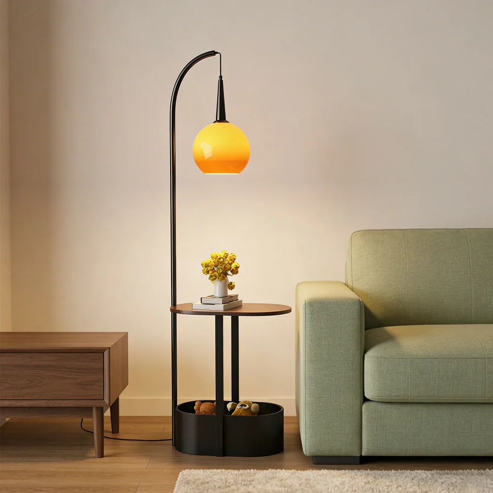 LIVARA Floor Lamp Wireless Charging Soft Lighting Solid Wood & Iron Frame Dual Storage Design - Black - Image 4