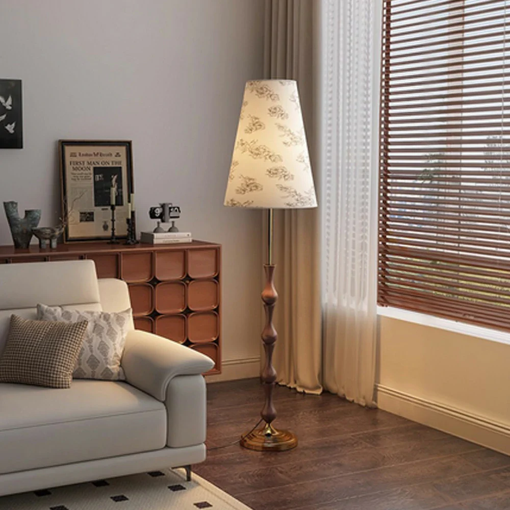 LIVARA Floor Lamp Three-Mode Lighting Solid Wood Body Floral Fabric Shade Tip-Resistant Base - Image 2