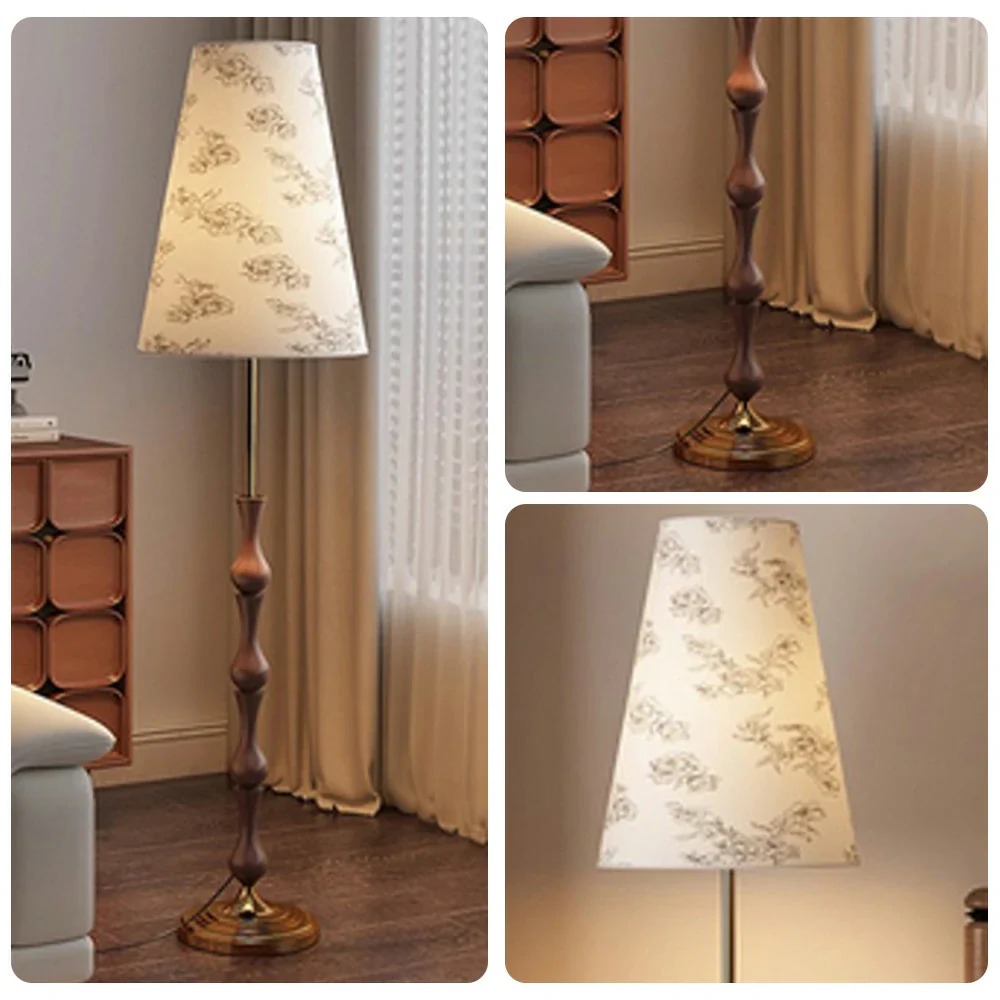 LIVARA Floor Lamp Three-Mode Lighting Solid Wood Body Floral Fabric Shade Tip-Resistant Base - Image 3