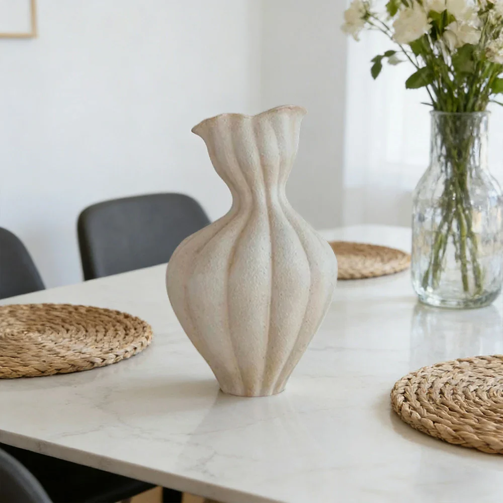 LIVARA Ceramic Vase Ornament 15cm Outer Opening Decorative Art Object Matte Ceramic Handcrafted Stone-Texture Design - White - Image 2