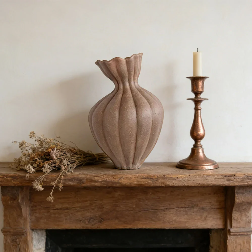 LIVARA Ceramic Vase Ornament 15cm Outer Opening Decorative Art Object Matte Ceramic Handcrafted Stone-Texture Design - Brown - Image 2