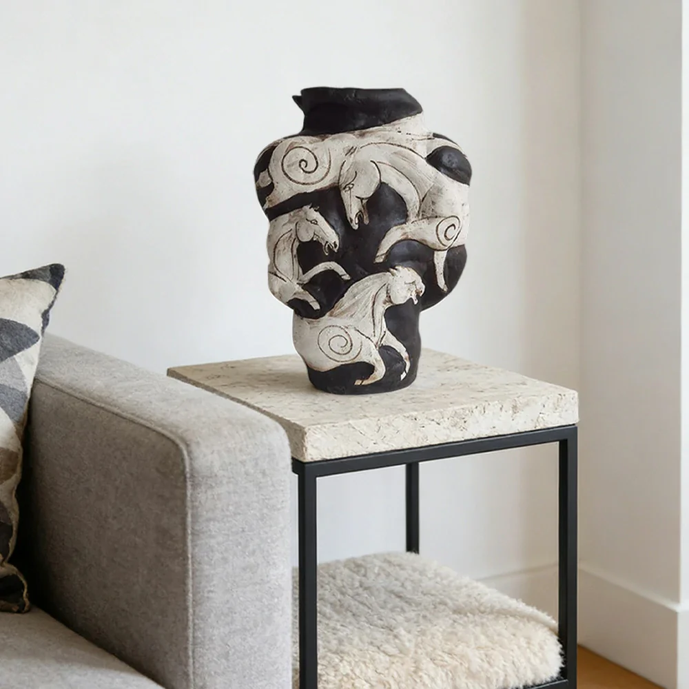 LIVARA Ceramic Vase Ornament Hand-Painted Horse Theme Artistic Home Display Matte Ceramic Handcrafted Stone-Texture Design - Image 4