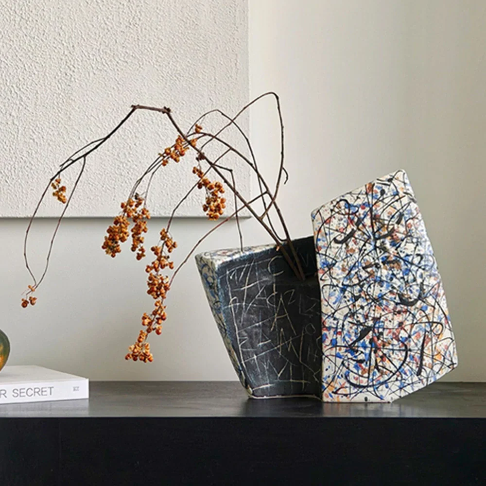 LIVARA Ceramic Vase Ornament Pollock-Inspired Theme Artistic Home Display Matte Ceramic Handcrafted Stone-Texture Design - Image 2