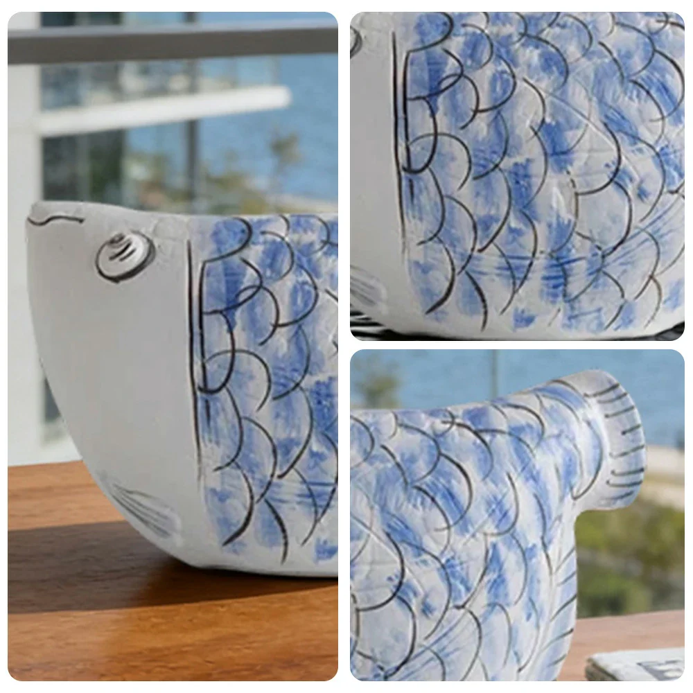 LIVARA Ceramic Vase Ornament Blue-and-White Porcelain with Indigo Dragonfish Motif Artistic Home Display Matte Ceramic Handcrafted Stone-Texture Design - Image 3