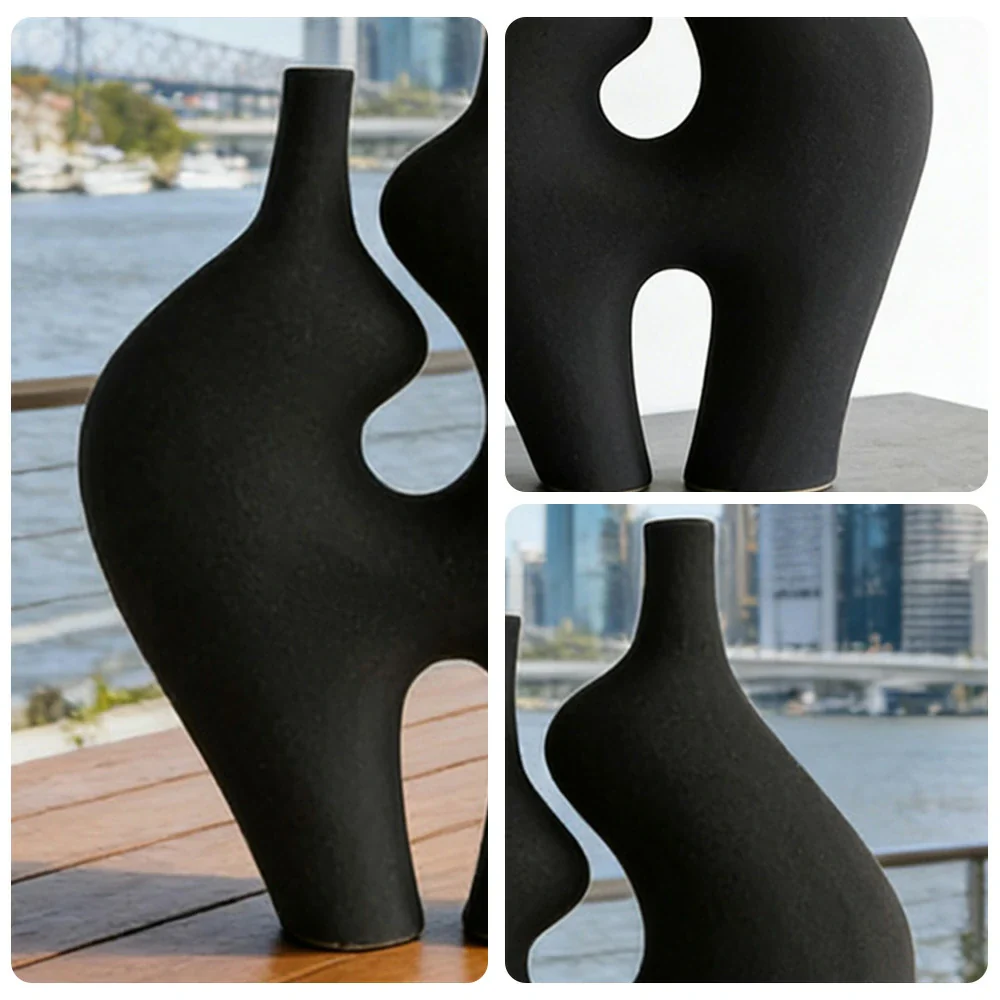 LIVARA Ceramic Vase Ornament High-Fired Ceramic Artistic Home Display Matte Ceramic Handcrafted Stone-Texture Design - Black - Image 3