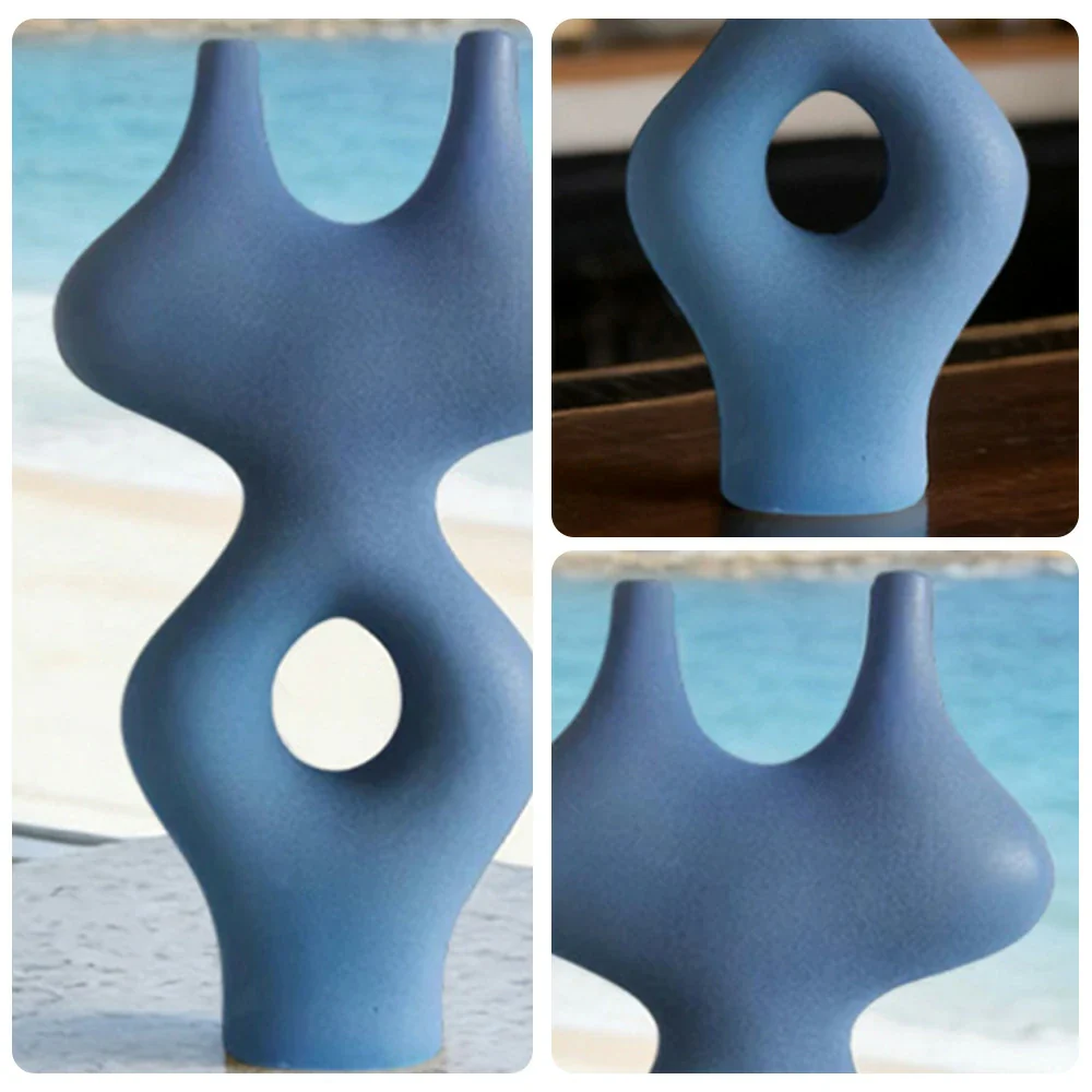 LIVARA Ceramic Vase Ornament Multi-Space Styling Artistic Home Display Matte Ceramic Handcrafted Stone-Texture Design - Blue - Image 3