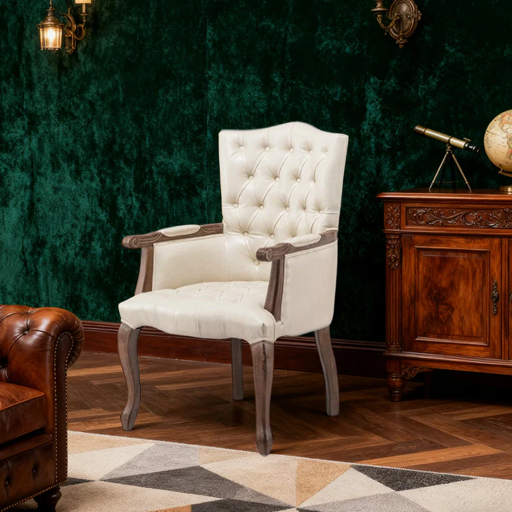 LIVARA Deep Coffee Vintage Accent Armchair - Retro PU Leather Upholstery, Solid Wood Frame, Tufted Backrest, Elegant Living Room Single Sofa Chair - Beige - Image 4