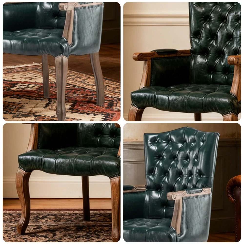 LIVARA Deep Coffee Vintage Accent Armchair - Retro PU Leather Upholstery, Solid Wood Frame, Tufted Backrest, Elegant Living Room Single Sofa Chair - Blue - Image 3