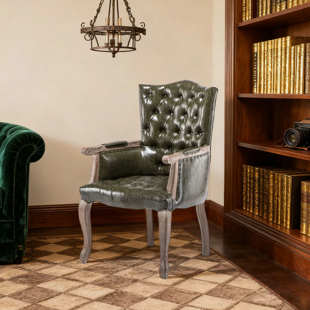 LIVARA Deep Coffee Vintage Accent Armchair - Retro PU Leather Upholstery, Solid Wood Frame, Tufted Backrest, Elegant Living Room Single Sofa Chair - Green - Image 2