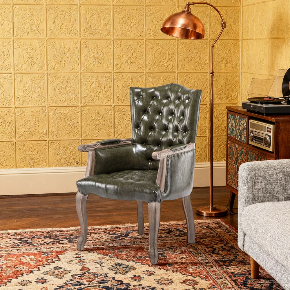 LIVARA Deep Coffee Vintage Accent Armchair - Retro PU Leather Upholstery, Solid Wood Frame, Tufted Backrest, Elegant Living Room Single Sofa Chair - Green - Image 4
